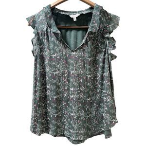 Lucky Brand Ditzy Floral Blouse Womens Large Green Ruffle Flowy Boho Fairy